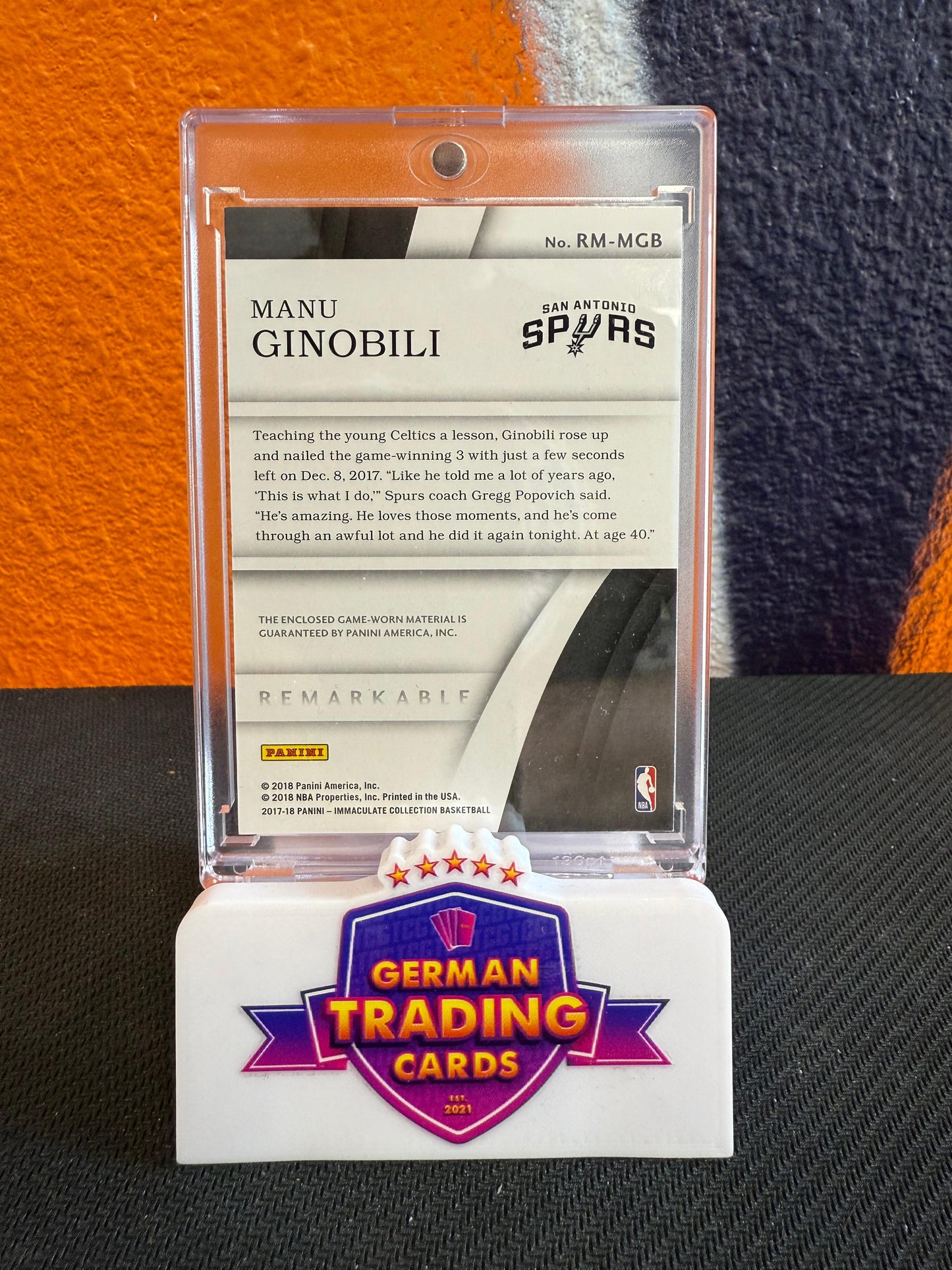 Manu Ginobili Game-Worn Patch 23/25 - Panini Immaculate 2017-18