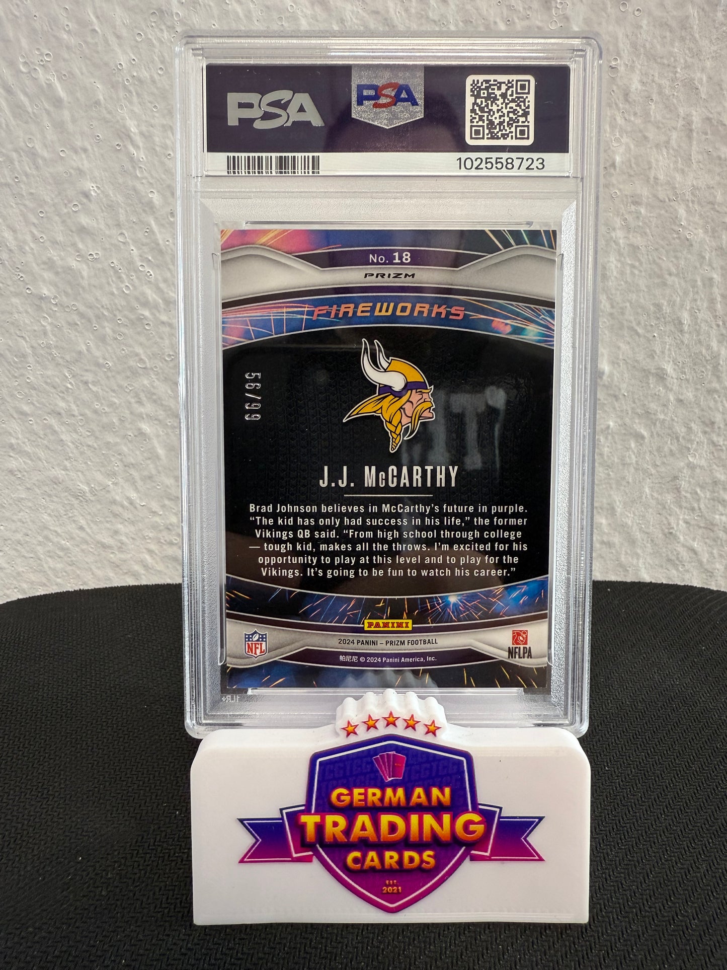 JJ McCarthy Rookie Fireworks 56/99 PSA 9 - 2024 Panini Prizm Football