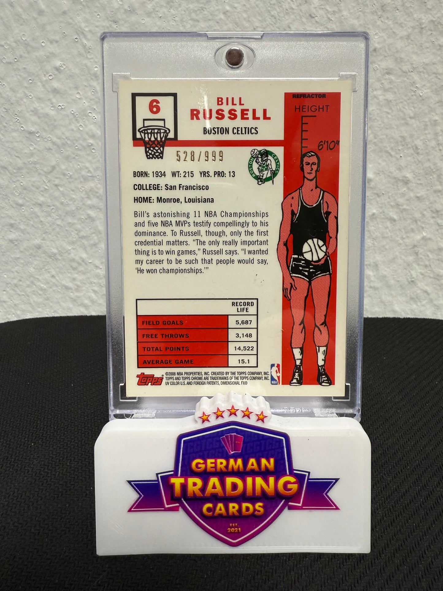 Bill Russell 1957-58 Variations Refractor 528/999 - 2008 Topps Chrome Basketball