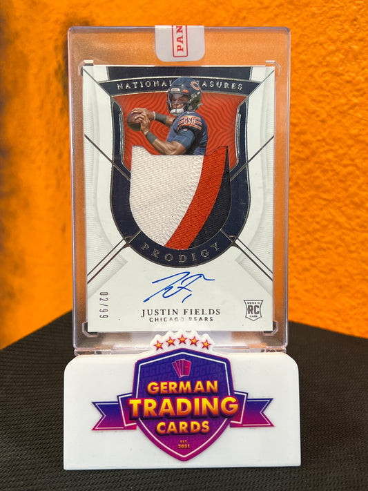 Justin Fields Prodigy Rookie Patch On-Card Auto 02/99 - Panini National Treasures 2021