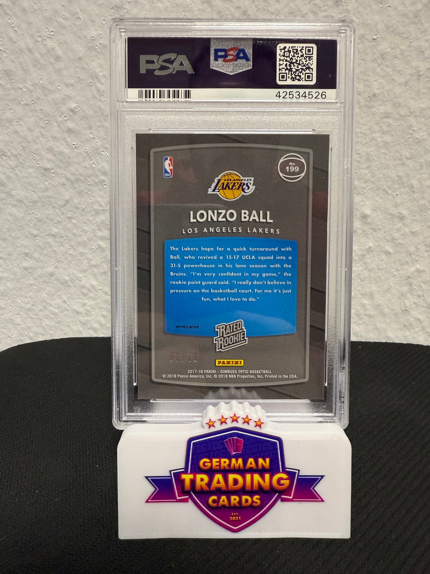 Lonzo Ball Rated Rookie 65/79 PSA 10 - 2017 Panini Donruss Optic Basketball