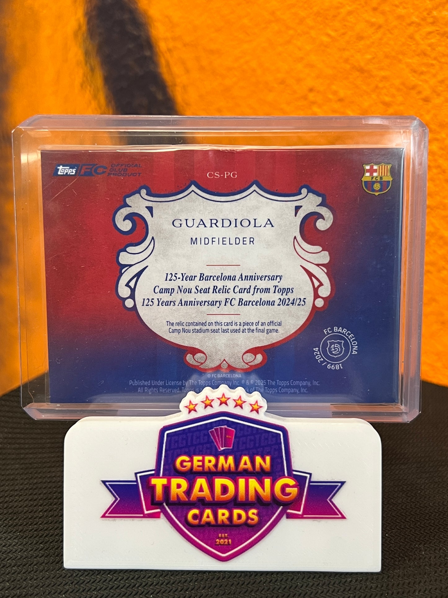 Pep Guardiola Game-Used Stadium Seat Relic Pink 63/99 - Topps 125 Years Anniversary FC Barcelona 2024-25