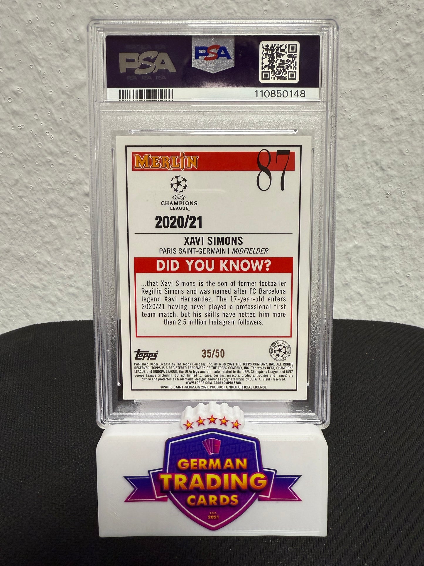 Xavi Simons Rookie 35/50 PSA 9 - 2020-21 Topps Merlin Chrome UCL