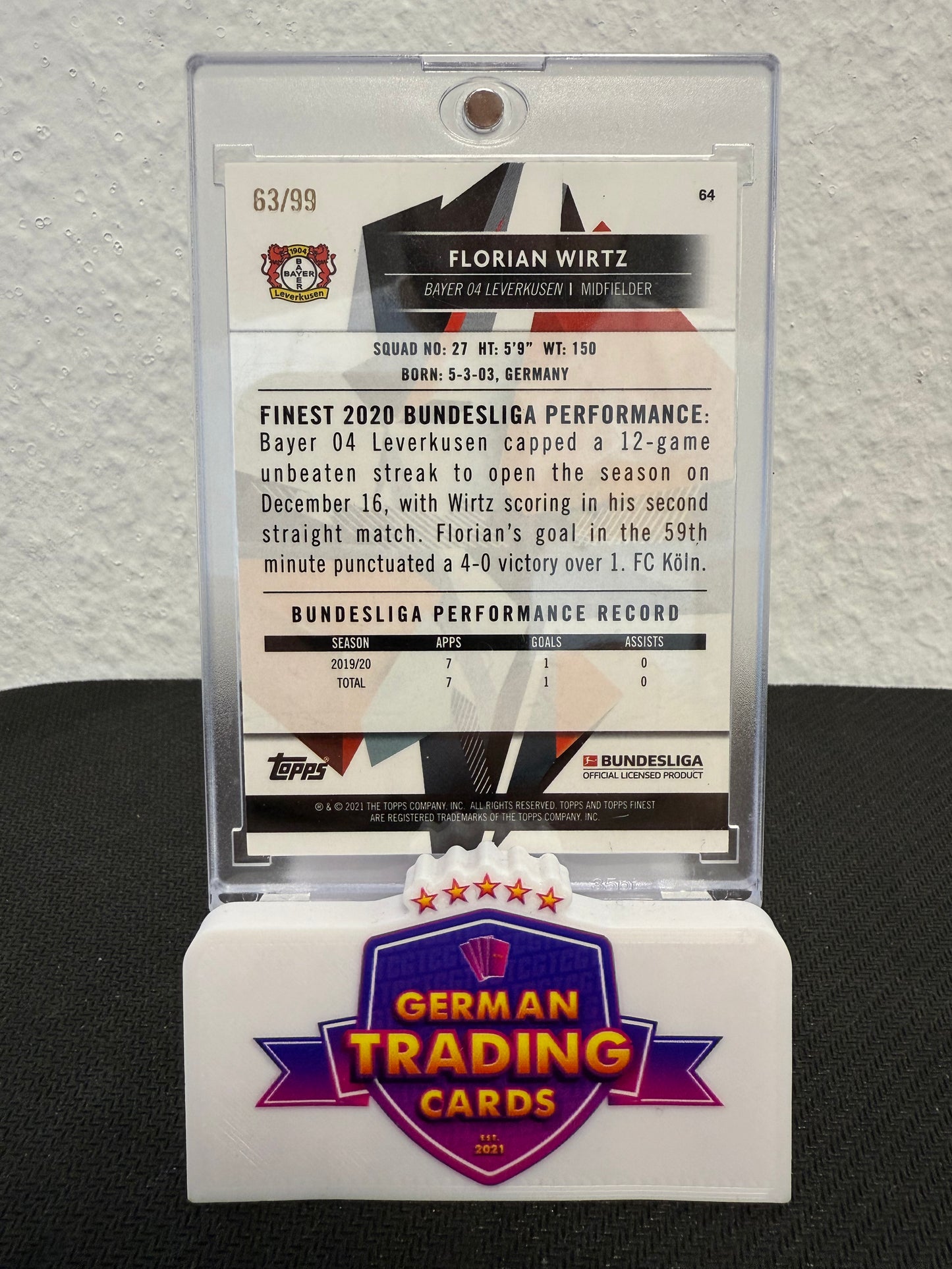 Florian Wirtz Rookie 63/99 - 2020-21 Topps Finest Bundesliga