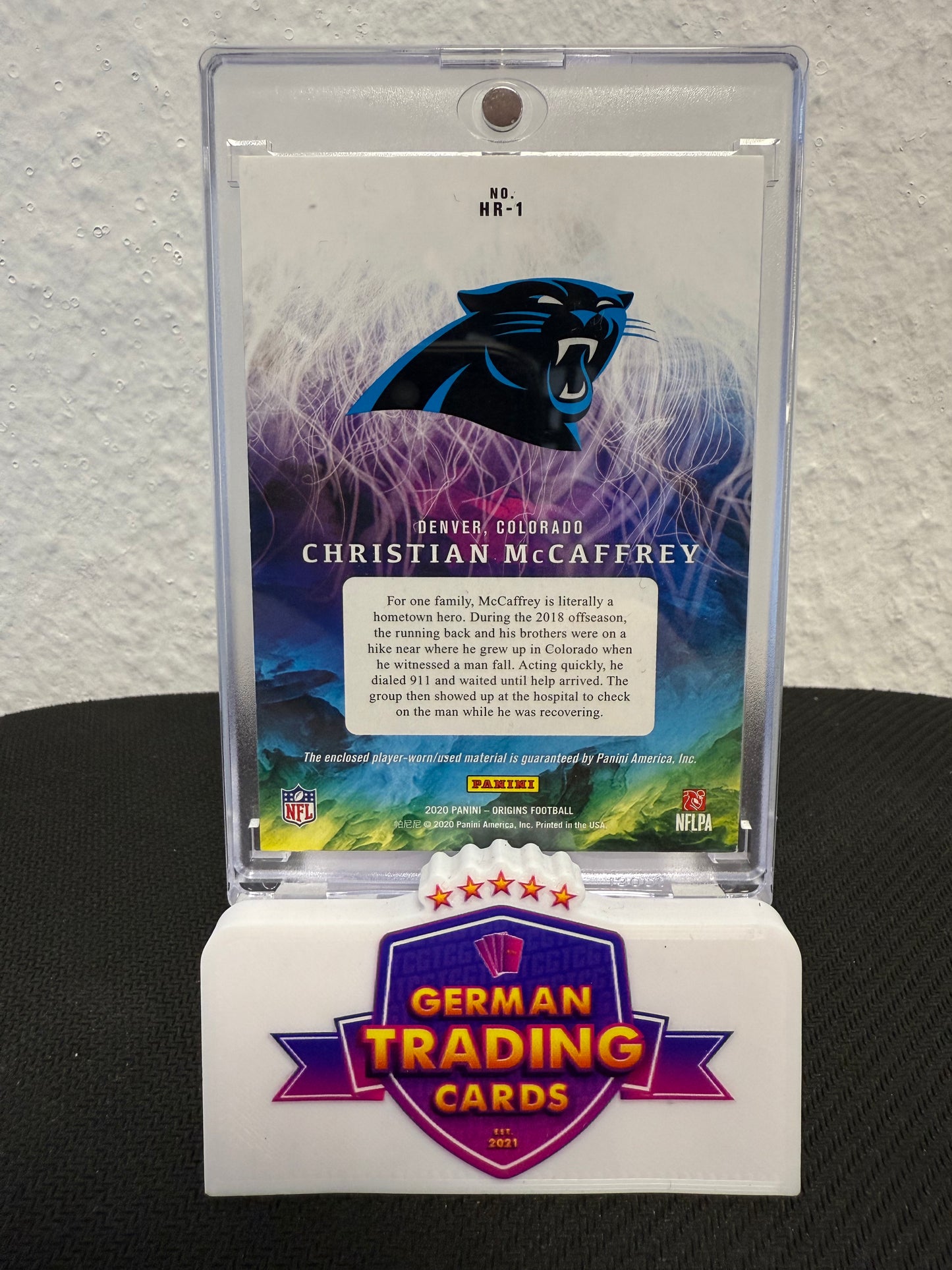 Christian McCaffrey Hometown Roots Laundry Tag 1/1 - 2020 Panini Origins Football