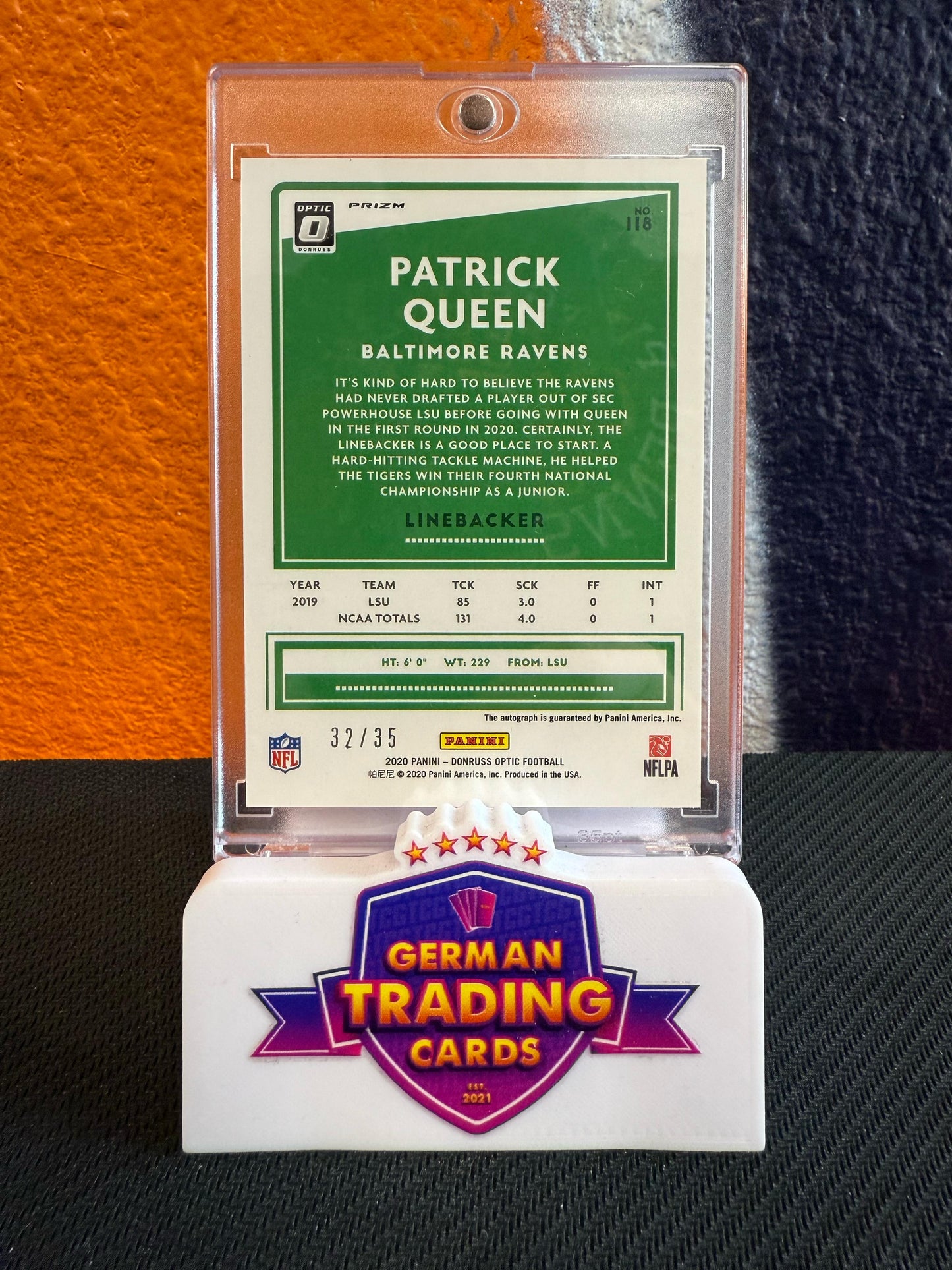 Patrick Queen Rookie Blue Auto 32/35 - Panini Donruss Optic 2020